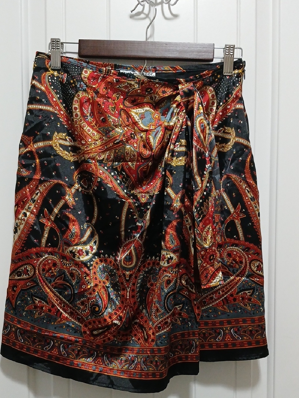 Silk-Feel Black Paisley Wrap Skirt with Red Accents